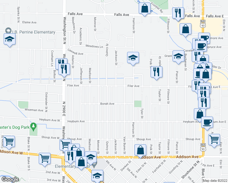 map of restaurants, bars, coffee shops, grocery stores, and more near 473 Jackson Street in Twin Falls