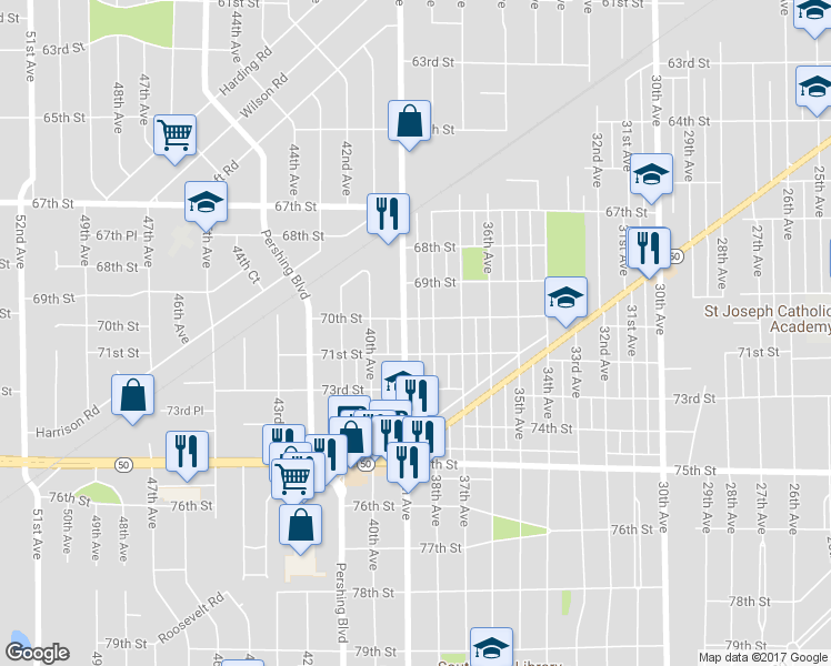 map of restaurants, bars, coffee shops, grocery stores, and more near 7009 39th Avenue in Kenosha