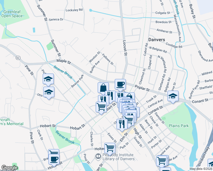 map of restaurants, bars, coffee shops, grocery stores, and more near 9 Poplar Street in Danvers