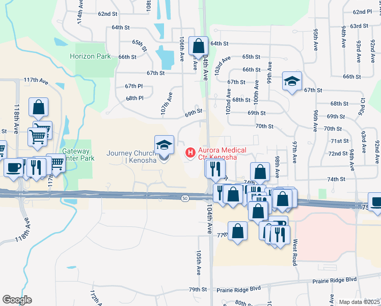 map of restaurants, bars, coffee shops, grocery stores, and more near 10400 75th Street in Kenosha