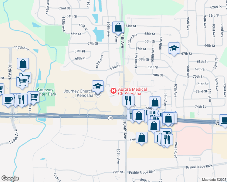 map of restaurants, bars, coffee shops, grocery stores, and more near 10400 75th Street in Kenosha