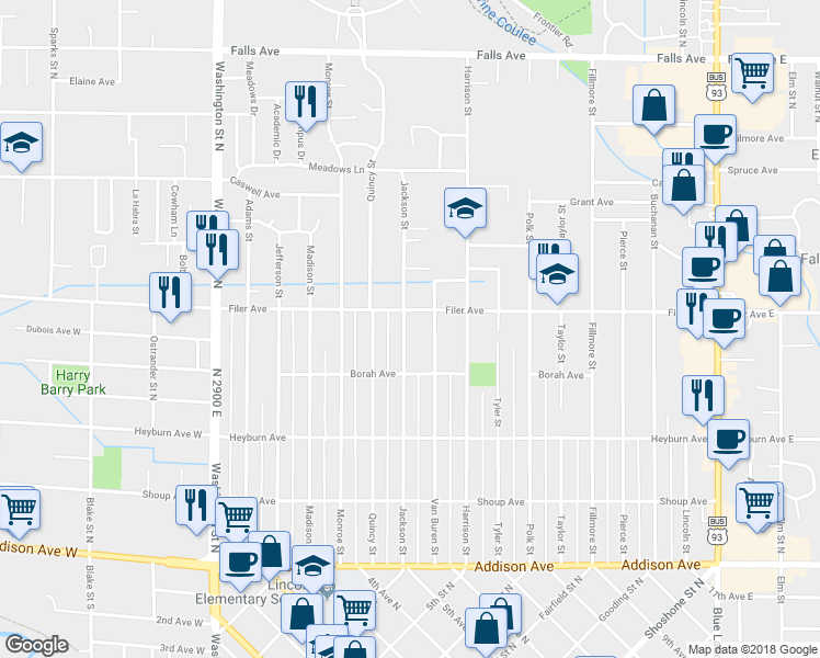 map of restaurants, bars, coffee shops, grocery stores, and more near 470 Jackson Street in Twin Falls