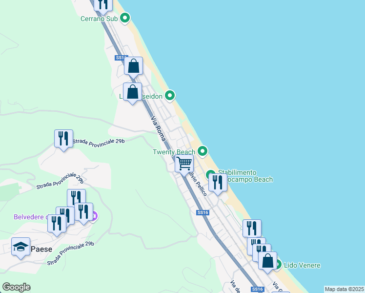 map of restaurants, bars, coffee shops, grocery stores, and more near 121 Via Taranto in Silvi