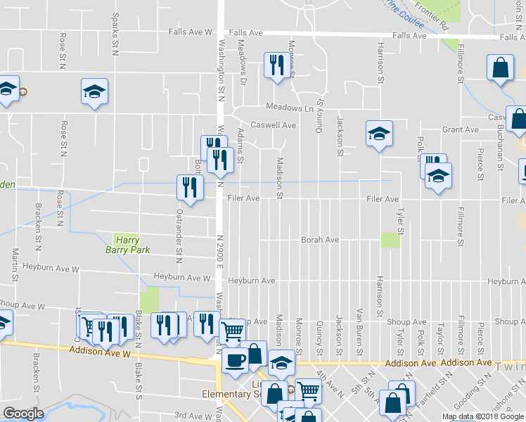 map of restaurants, bars, coffee shops, grocery stores, and more near 472 Jefferson Street in Twin Falls