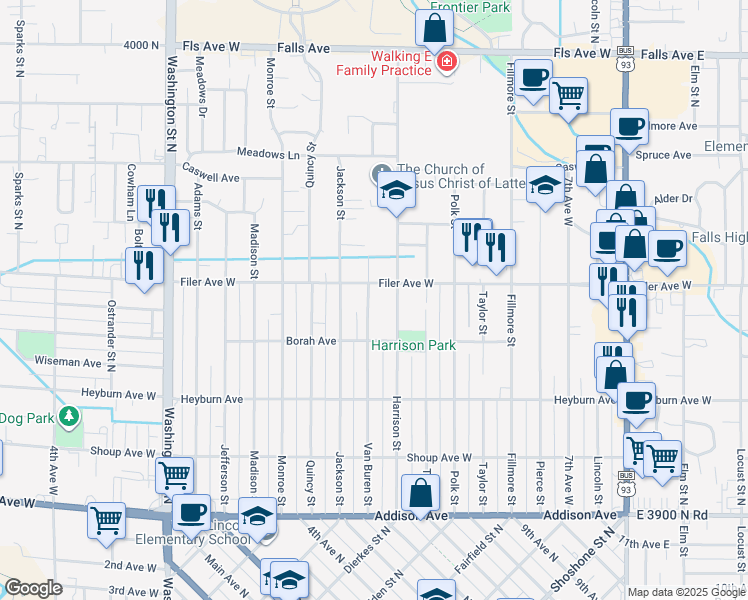 map of restaurants, bars, coffee shops, grocery stores, and more near 474 Van Buren Street in Twin Falls