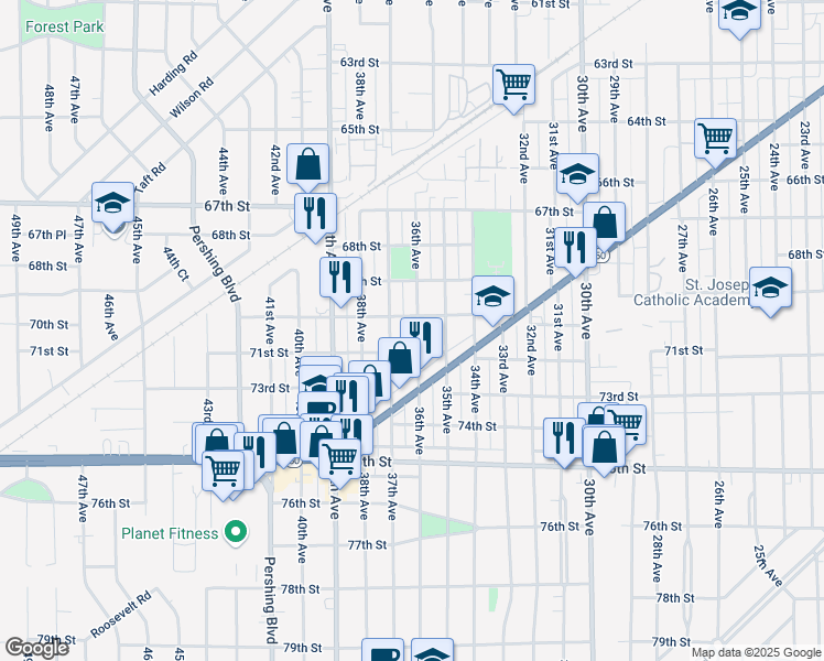 map of restaurants, bars, coffee shops, grocery stores, and more near 7010 36th Avenue in Kenosha