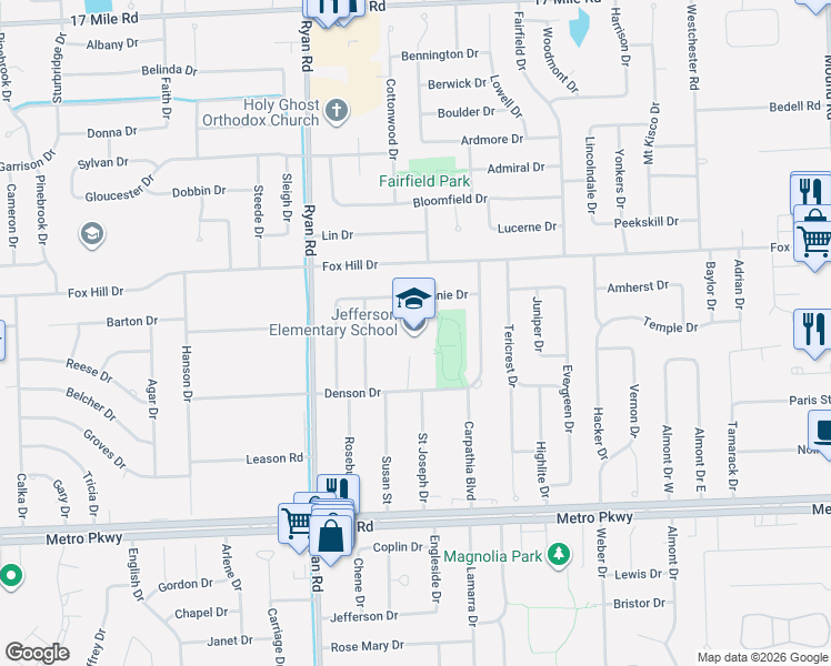 map of restaurants, bars, coffee shops, grocery stores, and more near 37555 Carol Drive in Sterling Heights