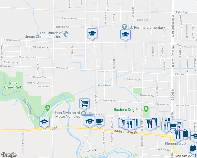 map of restaurants, bars, coffee shops, grocery stores, and more near 438 Martin Street in Twin Falls