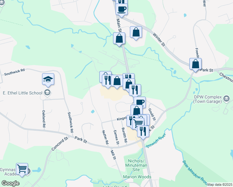 map of restaurants, bars, coffee shops, grocery stores, and more near 80 Main Street in North Reading