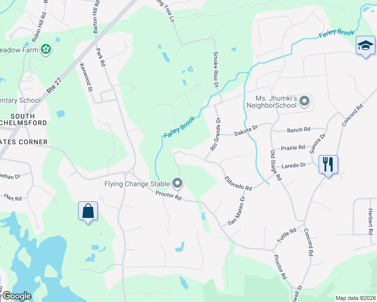 map of restaurants, bars, coffee shops, grocery stores, and more near 25 Eldorado Road in Chelmsford