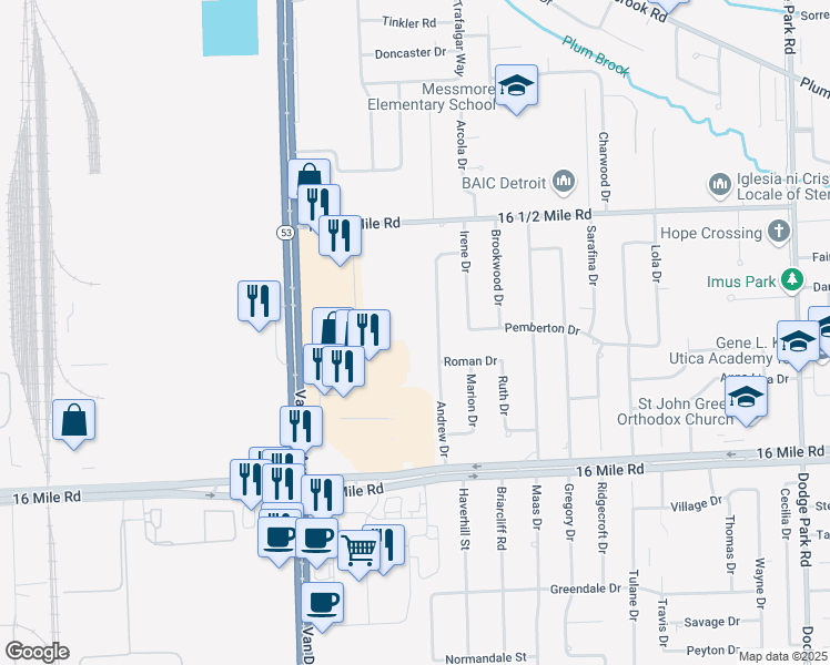 map of restaurants, bars, coffee shops, grocery stores, and more near 37618 Copperstone Drive in Sterling Heights