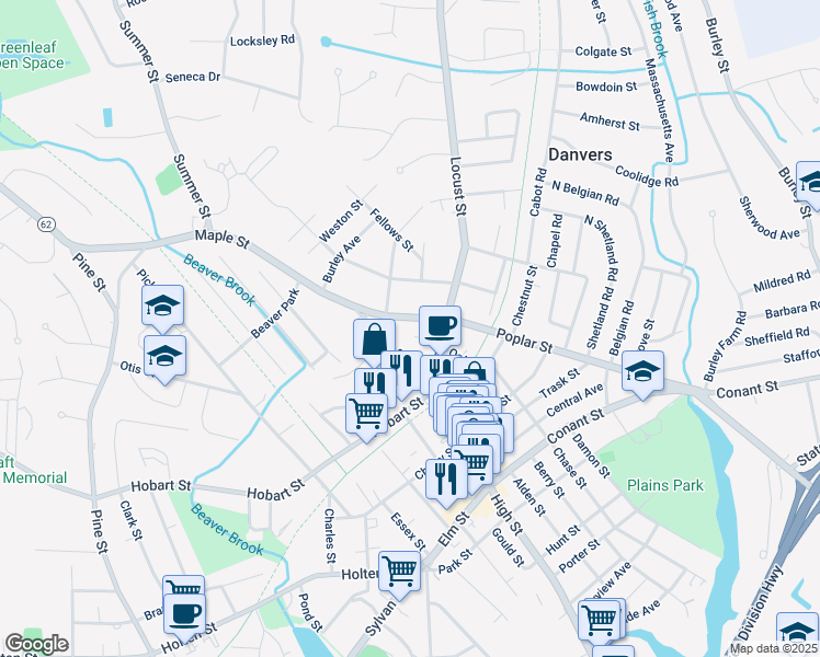 map of restaurants, bars, coffee shops, grocery stores, and more near 9 Poplar Street in Danvers