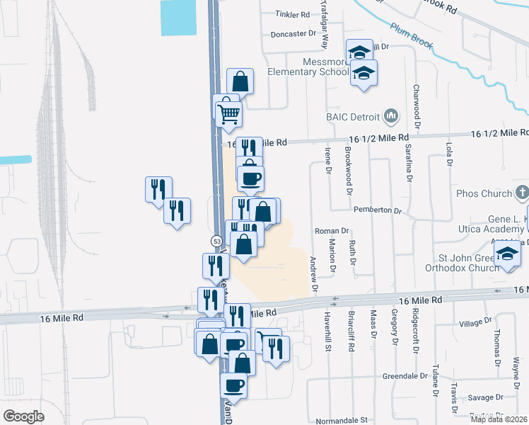 map of restaurants, bars, coffee shops, grocery stores, and more near 8227 Laporte Drive in Sterling Heights
