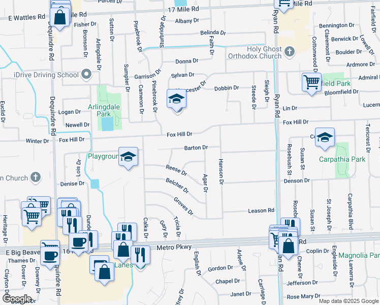 map of restaurants, bars, coffee shops, grocery stores, and more near 3072 Barton Dr in Sterling Heights