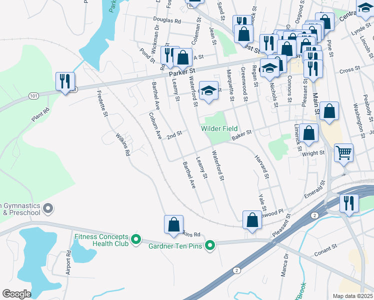map of restaurants, bars, coffee shops, grocery stores, and more near 134 Barthel Avenue in Gardner
