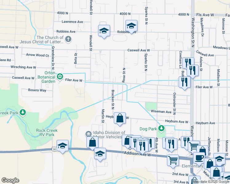 map of restaurants, bars, coffee shops, grocery stores, and more near 440 Bracken Street North in Twin Falls