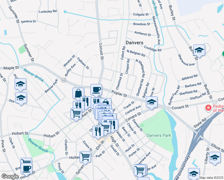 map of restaurants, bars, coffee shops, grocery stores, and more near 42 Poplar Street in Danvers