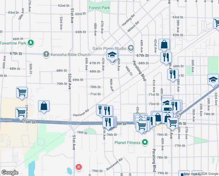 map of restaurants, bars, coffee shops, grocery stores, and more near 7008 46th Avenue in Kenosha