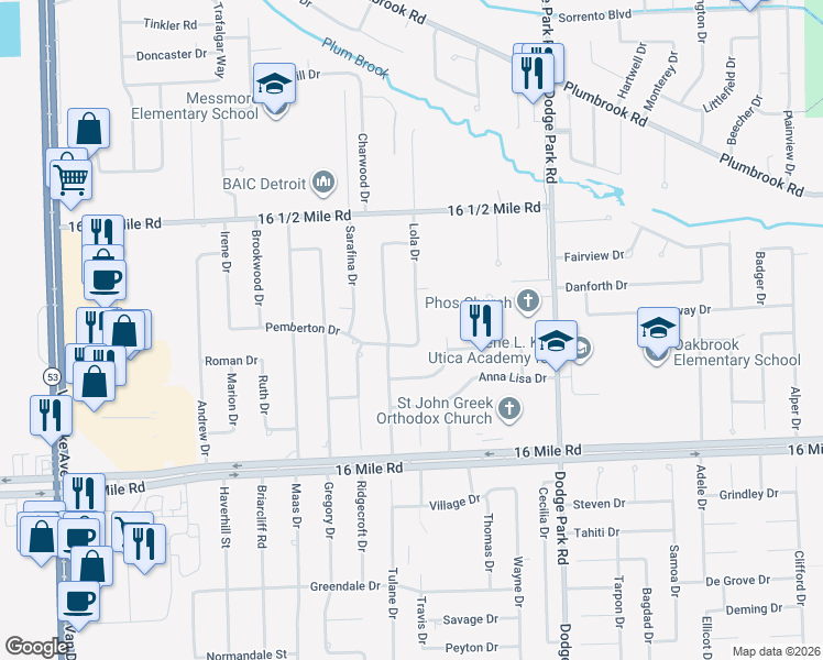 map of restaurants, bars, coffee shops, grocery stores, and more near 37633 Lola Dr in Sterling Heights