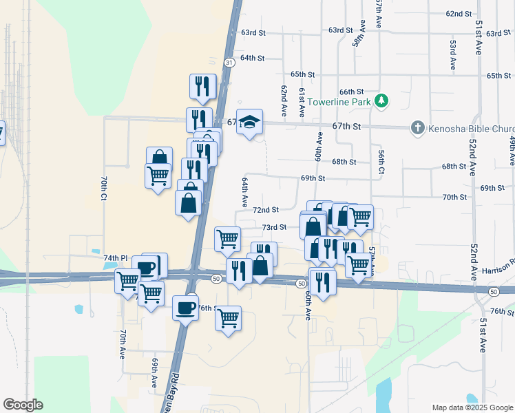map of restaurants, bars, coffee shops, grocery stores, and more near 6310 72nd Street in Kenosha