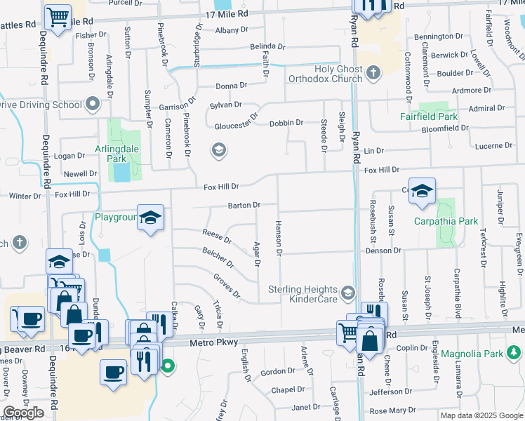 map of restaurants, bars, coffee shops, grocery stores, and more near 3204 Barton Drive in Sterling Heights
