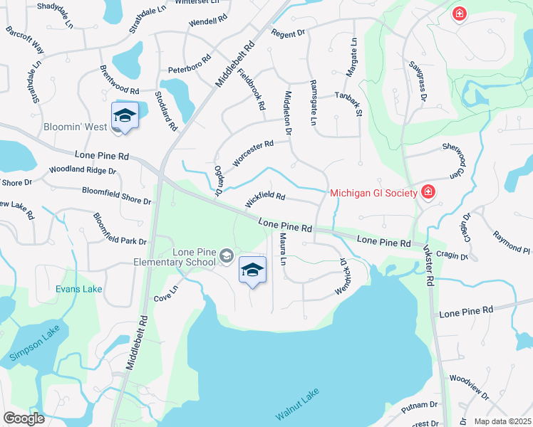 map of restaurants, bars, coffee shops, grocery stores, and more near 2542 Lone Pine Road in West Bloomfield Township