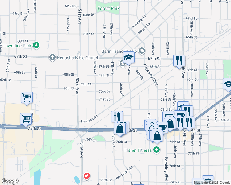map of restaurants, bars, coffee shops, grocery stores, and more near 7008 46th Avenue in Kenosha