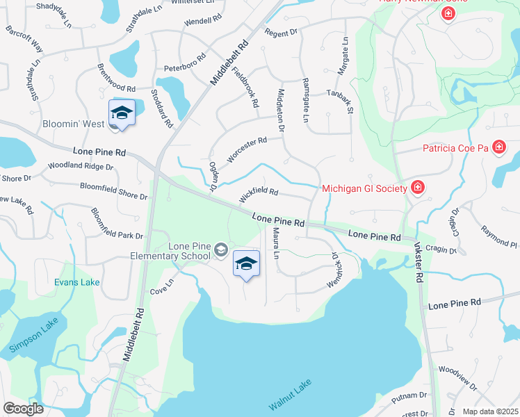 map of restaurants, bars, coffee shops, grocery stores, and more near 2542 Lone Pine Road in West Bloomfield Township
