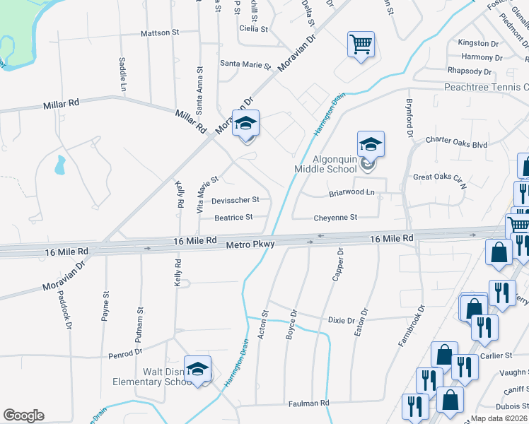 map of restaurants, bars, coffee shops, grocery stores, and more near 18840 Millar Road in Clinton Township