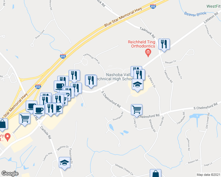 map of restaurants, bars, coffee shops, grocery stores, and more near 108 Massachusetts 110 in Westford