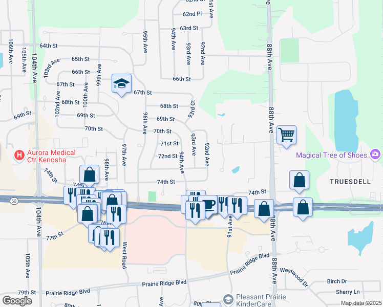 map of restaurants, bars, coffee shops, grocery stores, and more near 7120 93rd Avenue in Kenosha