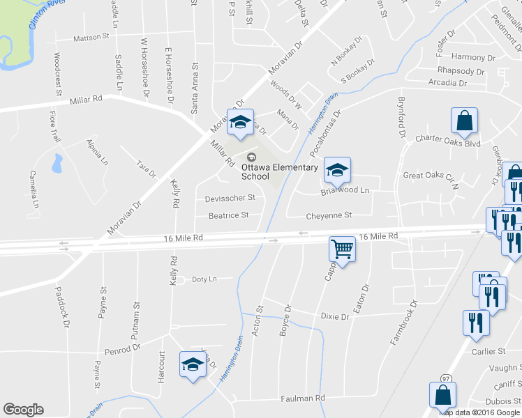 map of restaurants, bars, coffee shops, grocery stores, and more near 18840 Millar Road in Charter Township of Clinton