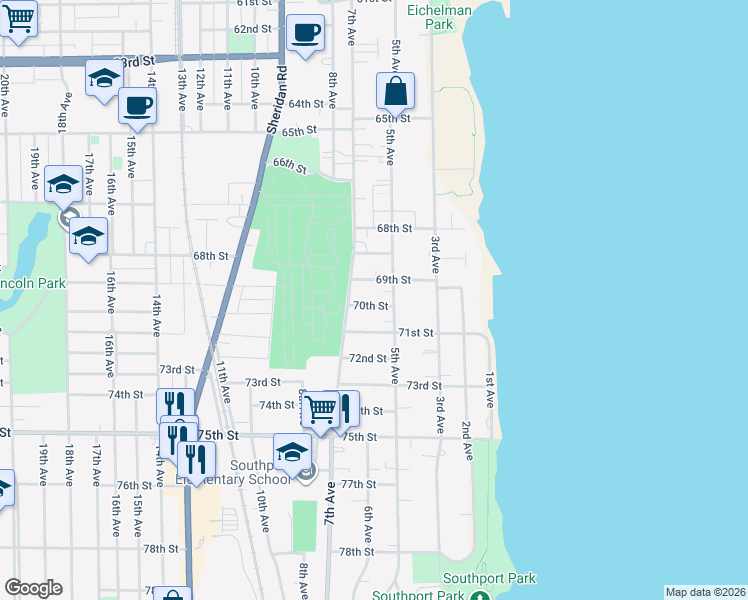 map of restaurants, bars, coffee shops, grocery stores, and more near 516 70th Street in Kenosha