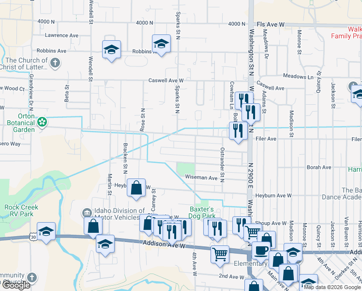 map of restaurants, bars, coffee shops, grocery stores, and more near 356 Dubois Avenue West in Twin Falls