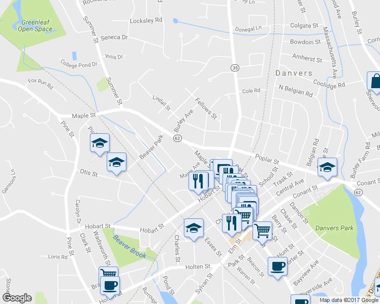 map of restaurants, bars, coffee shops, grocery stores, and more near 162 Maple Street in Danvers