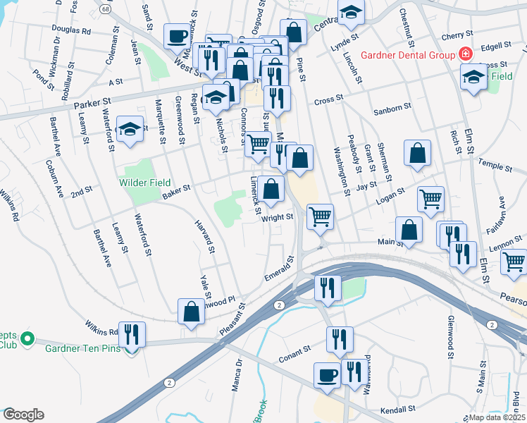 map of restaurants, bars, coffee shops, grocery stores, and more near 70 Limerick Street in Gardner