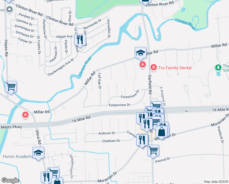 map of restaurants, bars, coffee shops, grocery stores, and more near 37243 Maple Leaf Court in Clinton Township