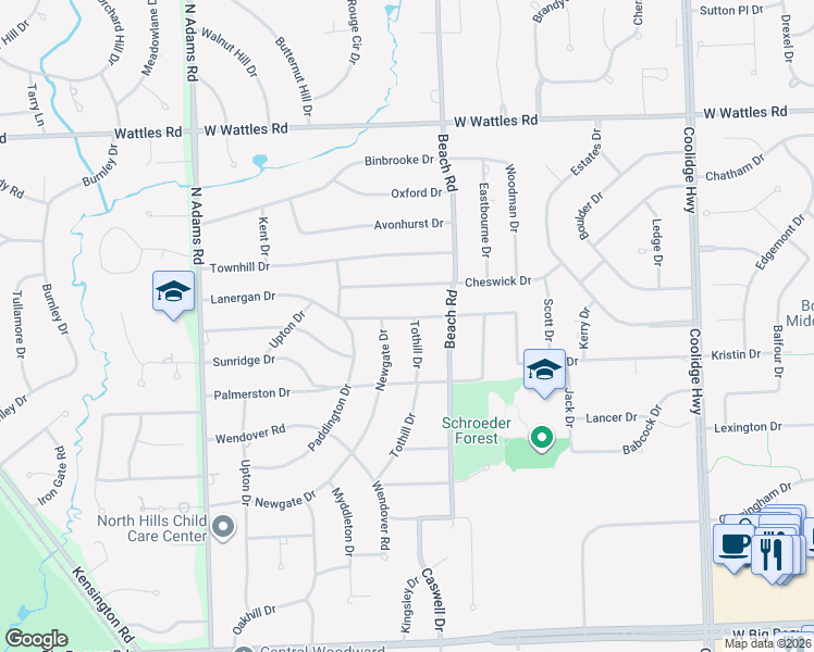 map of restaurants, bars, coffee shops, grocery stores, and more near 2591 Lanergan Drive in Troy