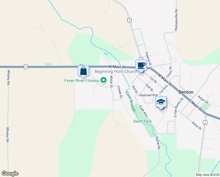 map of restaurants, bars, coffee shops, grocery stores, and more near 105 Ridge Avenue in Benton