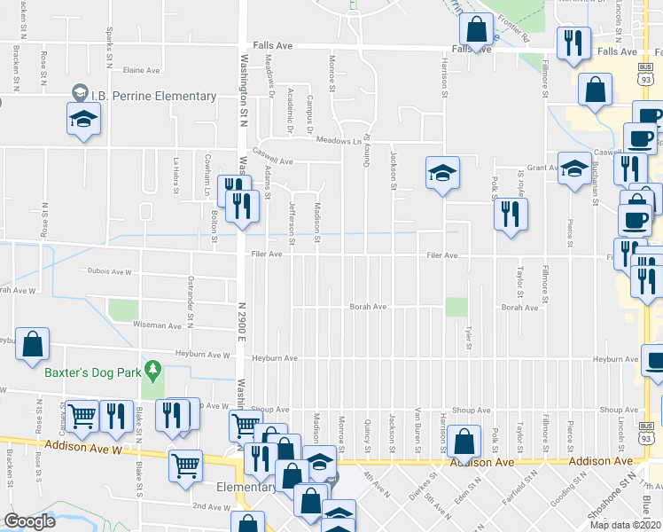 map of restaurants, bars, coffee shops, grocery stores, and more near 478 Madison Street in Twin Falls