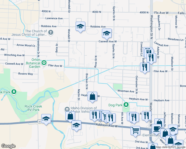 map of restaurants, bars, coffee shops, grocery stores, and more near 440 Bracken Street North in Twin Falls