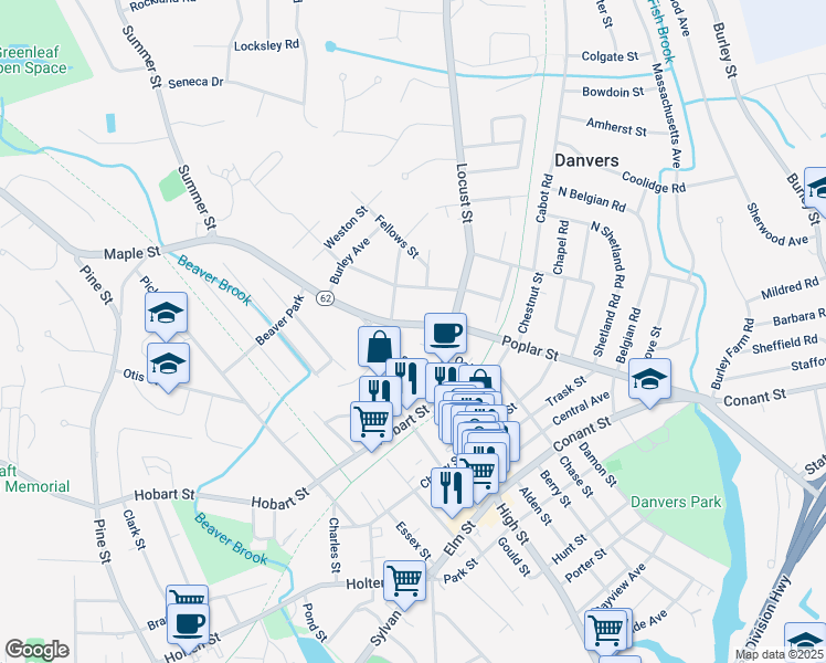 map of restaurants, bars, coffee shops, grocery stores, and more near 13 Poplar Street in Danvers