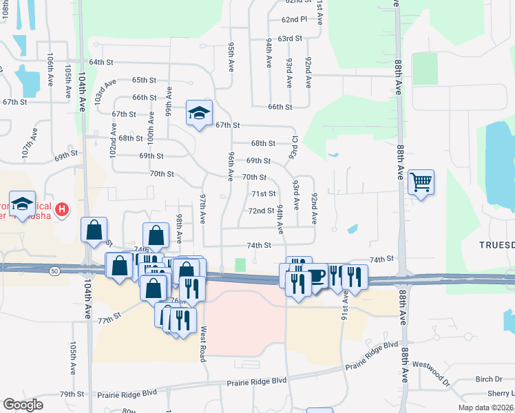 map of restaurants, bars, coffee shops, grocery stores, and more near 9438 72nd Street in Kenosha