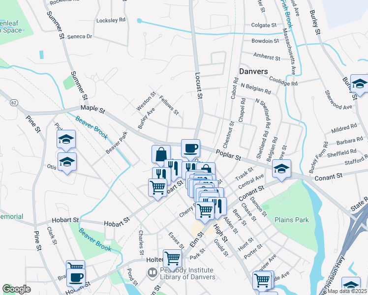 map of restaurants, bars, coffee shops, grocery stores, and more near 19 Poplar Street in Danvers
