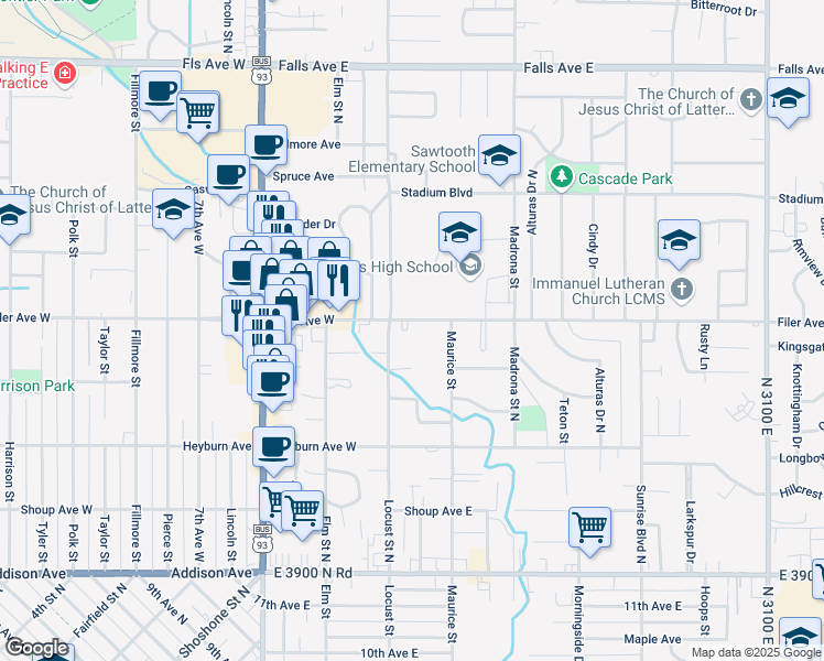 map of restaurants, bars, coffee shops, grocery stores, and more near 1586 Filer Avenue East in Twin Falls