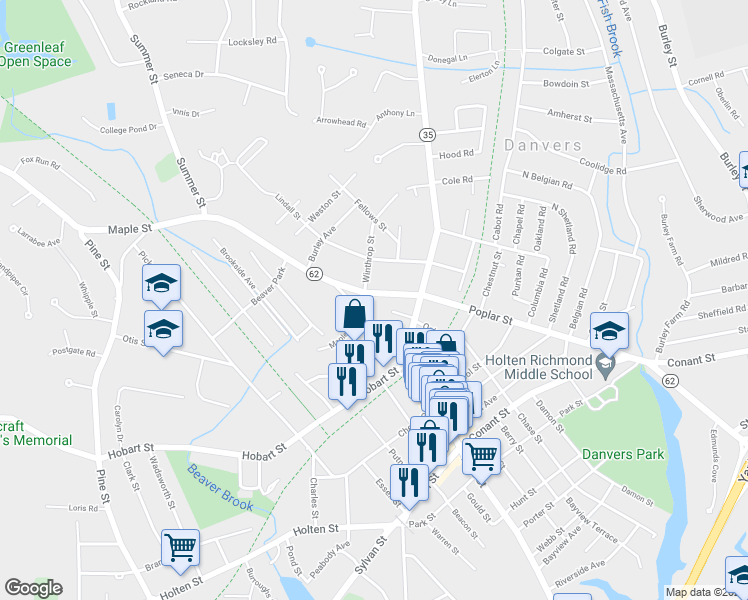 map of restaurants, bars, coffee shops, grocery stores, and more near 9 Poplar Street in Danvers