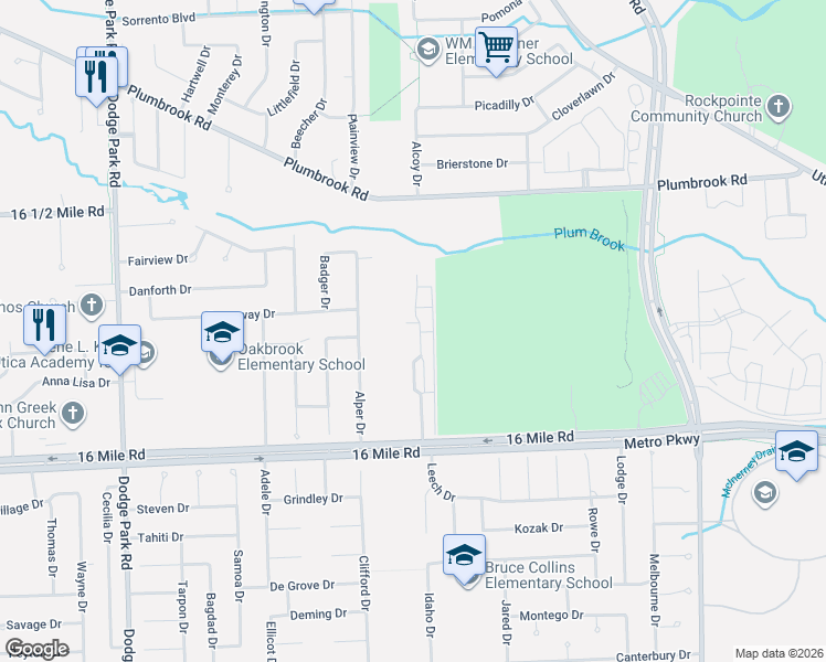 map of restaurants, bars, coffee shops, grocery stores, and more near 37307 Clubhouse Drive in Sterling Heights