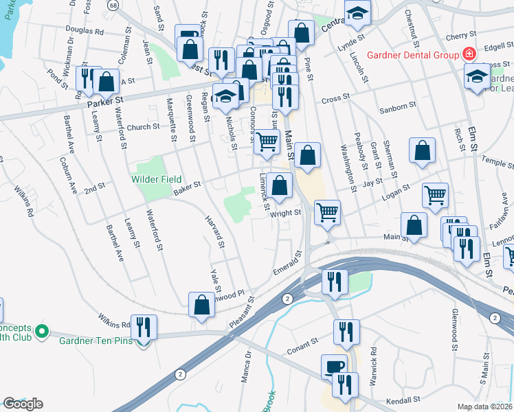 map of restaurants, bars, coffee shops, grocery stores, and more near 99 Vaughn Street in Gardner
