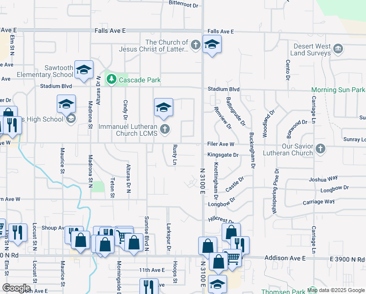 map of restaurants, bars, coffee shops, grocery stores, and more near 2130 Filer Avenue East in Twin Falls