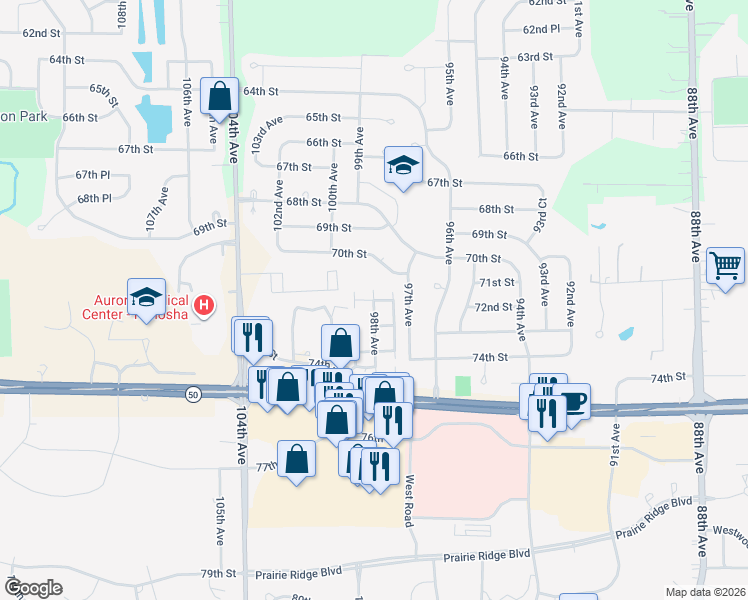map of restaurants, bars, coffee shops, grocery stores, and more near 98th Avenue in Kenosha